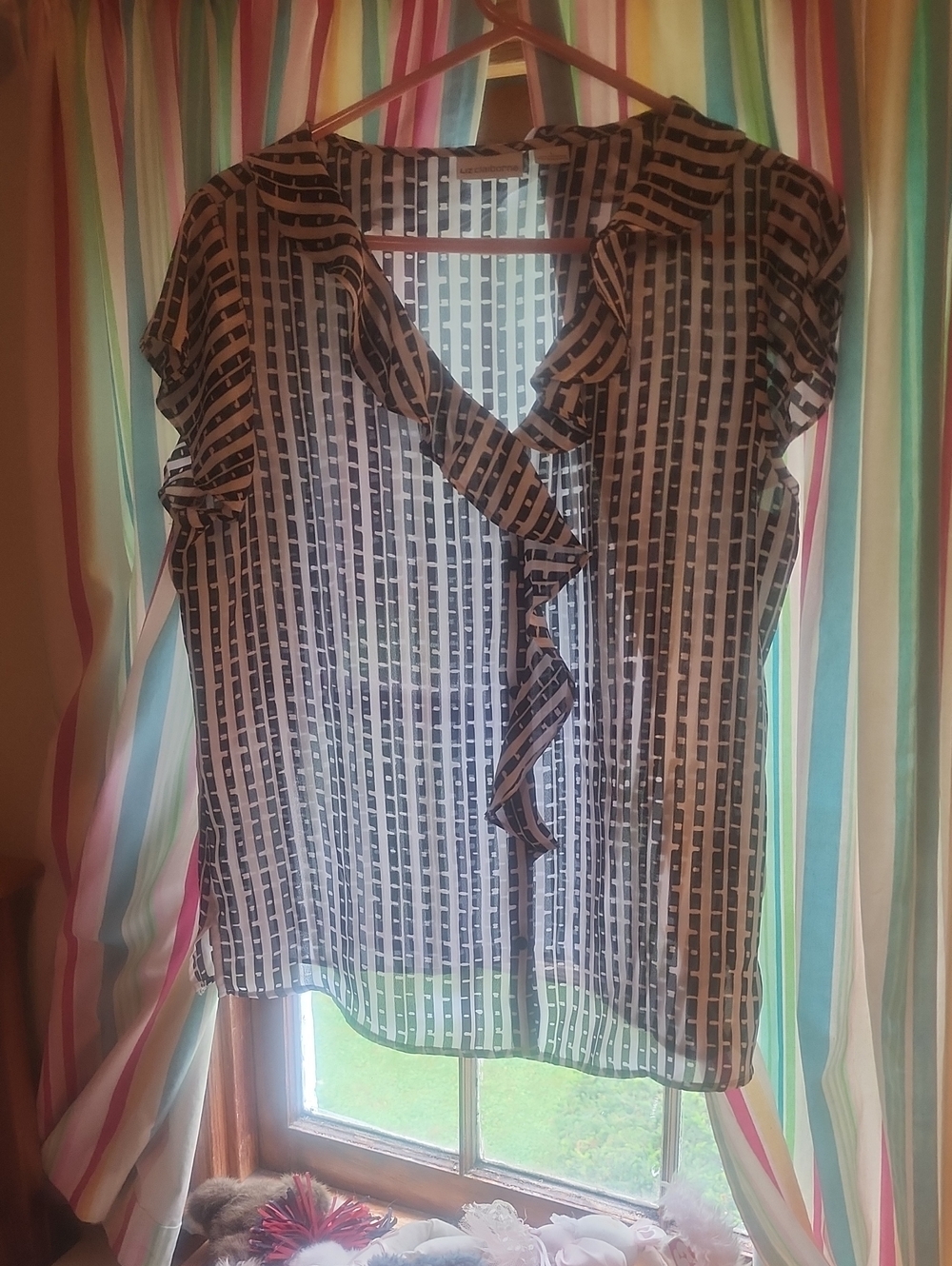 Liz Claiborne Black and White Ruffle Front Blouse